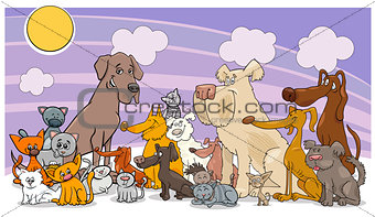 cartoon funny dog and cats group