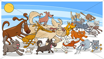 cartoon running dog and cats group