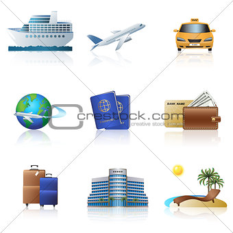 travel icons cruise, ship, plane, hotel