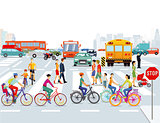 City with cars, cyclists and pedestrians