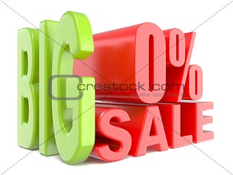 Big sale and percent 0% 3D words sign