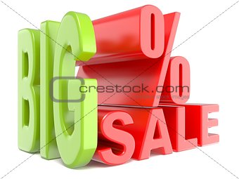Big sale and percent sign % 3D words sign.