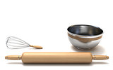 Wire whisk, wooden rolling pin and chrome bowl 3D