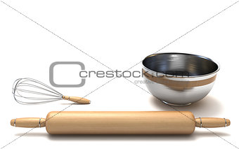 Wire whisk, wooden rolling pin and chrome bowl 3D