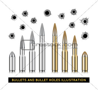 Bullets and bullet holes. Vector illustration