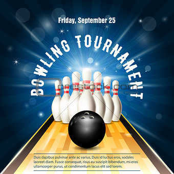 Bowling tournament flyer template with bowling court, skittles a