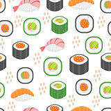 Sushi set seamless pattern. Rolls endless background. Japanese cuisine repetitive texture. Backdrop, wallpaper. Vector illustration.