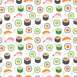Sushi set seamless pattern. Rolls endless background. Japanese cuisine repetitive texture. Backdrop, wallpaper. Vector illustration.
