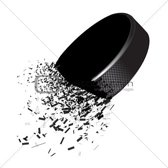 Exploding hockey puck with flying particles on a white background. Vector