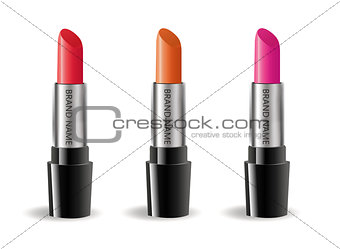 Lipstick realistic package set, isolated on white background. 3d collection of colored lipsticks, cosmetics mock-up for brand template. Vector illustration.