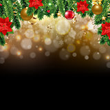 Xmas Card With Christmas Poinsettia And Fir Tree