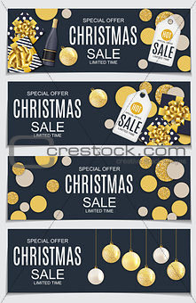 Abstract Vector Illustration Christmas Sale, Special Offer Background with Gift Box and Golden Ball. Winter Hot Discount Card TEmplate