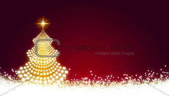 Glowing Christmas tree with star and snow. Christmas background.