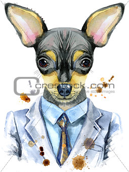 Watercolor portrait of toy terrier in a suit