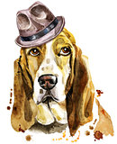 Watercolor portrait of basset hound in a brown hat