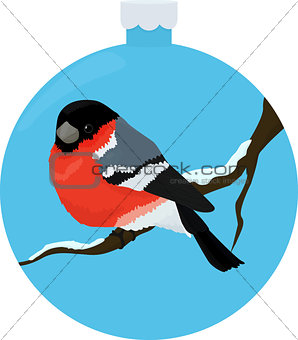 bullfinch bird illiustration in blue christmas-tree ball