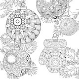 Zentangle stylized Christmas decorations with spruce branches. Hand Drawn lace vector illustration