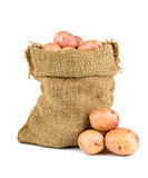 Ripe potatoes in burlap sack