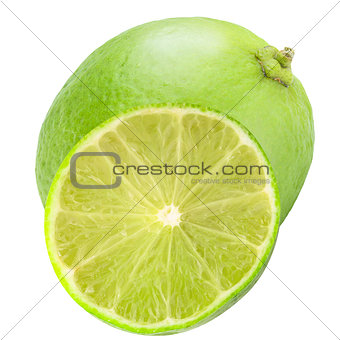 Isolated whole lime and half on white background 