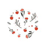 Hand drawn vector abstract greeting cartoon autumn graphic decoration elements set with berries,leaves,branches and apple harvest isolated on white background