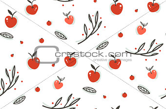 Hand drawn vector abstract greeting cartoon autumn graphic decoration seamless pattern with berries,leaves,branches and apple harvest isolated on white background.