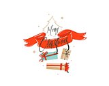Hand drawn vector Merry Christmas shopping time cartoon graphic greeting illustration card design with many surprise gift boxes,red ribbon and handwritten calligraphy isolated on white background