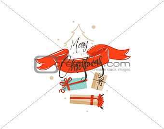 Hand drawn vector Merry Christmas shopping time cartoon graphic greeting illustration card design with many surprise gift boxes,red ribbon and handwritten calligraphy isolated on white background