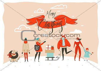Hand drawn vector abstract fun Merry Christmas time cartoon illustration greeting card with group of people in winter clothing,surprise gift boxes and xmas calligraphy isolated on craft background