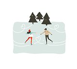 Hand drawn vector abstract fun Merry Christmas time cartoon illustration with young couple who skating in frozen forest isolated on white background