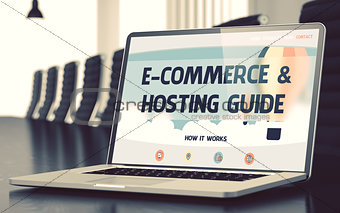 E-Commerce and Hosting Guide on Laptop. 3D.