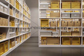 warehouse interior with rows of shelves with boxes