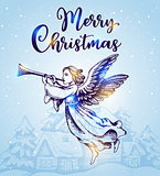 Christmas angel flies over houses