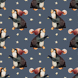 Cute Penguin in a hat and stars. Seamless, pattern.