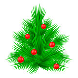 Lush fir tree decorated with red toy balls. Isolated on white vector illustration.