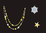 Vector detailed decoration elements on black background. Christmas decoration. Golden garland, snowflake and star for holiday design