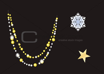 Vector detailed decoration elements on black background. Christmas decoration. Golden garland, snowflake and star for holiday design