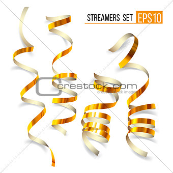 Set of gold curling streamers on white