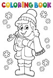 Coloring book girl in winter clothes