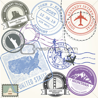 United states travel stamps set - USA journey symbols