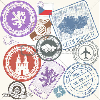 Czech travel stamps set - Prague journey symbols