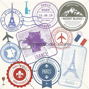 Travel stamps set - France and Paris journey symbols