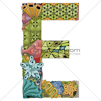 Letter E zentangle. Vector decorative object