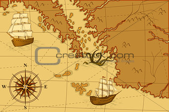 old map with a compass and ships