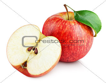 Ripe red apple with half and green leaf isolated on white