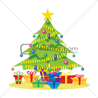 Christmas Tree Isolated on White with Gift Boxes, Star, Balls an