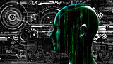 Human tech matrix head at background with electronic circuits