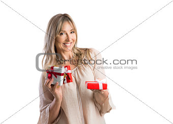 Female woman holding giving a bunch of wrapped gifts