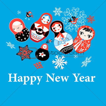 New Years greeting card on funny dolls 