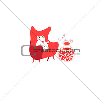 Vector cheerful picture with a thick white cat
