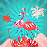Tropical background with palm trees and flamingo